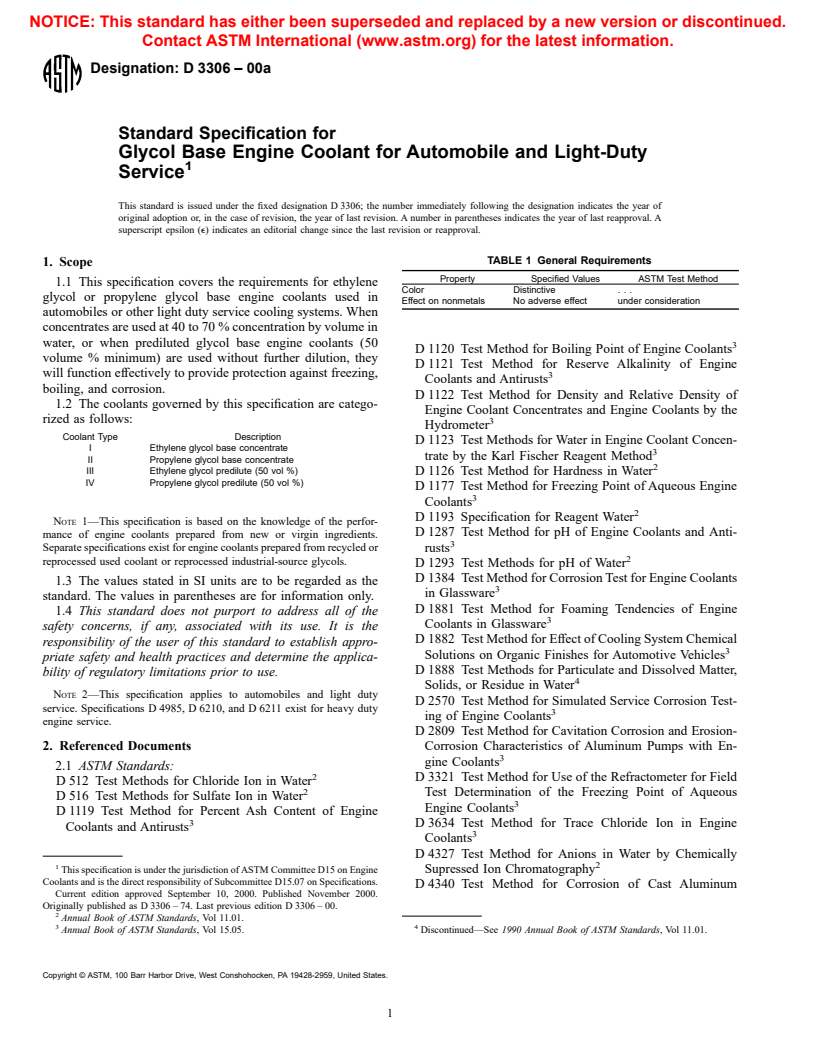 ASTM D3306-00a - Standard Specification for Glycol Base Engine Coolant for Automobile and Light-Duty Service