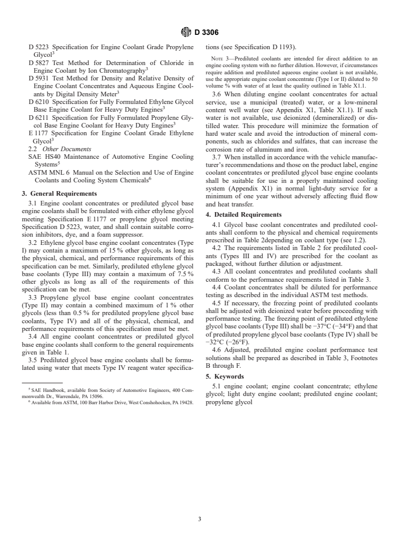 ASTM D3306-00a - Standard Specification for Glycol Base Engine Coolant for Automobile and Light-Duty Service