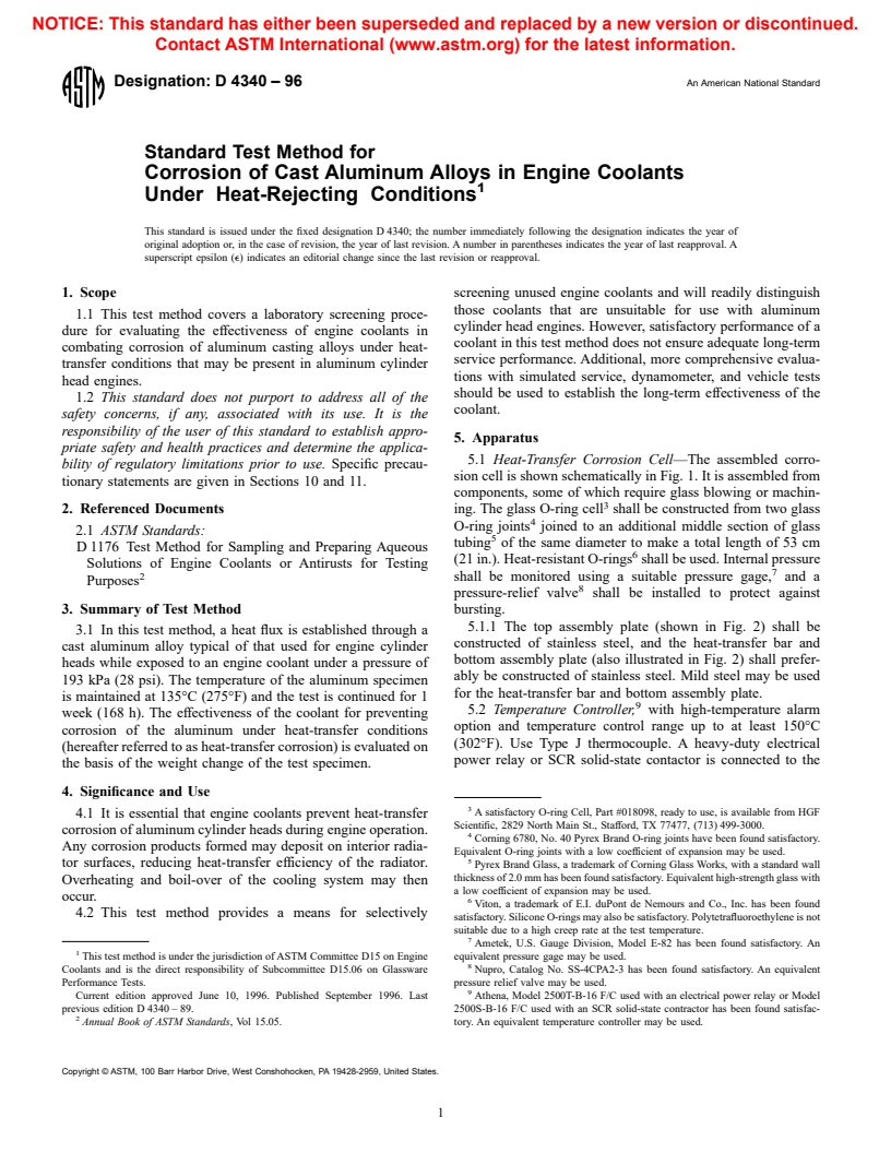 ASTM D4340-96 - Standard Test Method for Corrosion of Cast Aluminum Alloys in Engine Coolants Under Heat-Rejecting Conditions