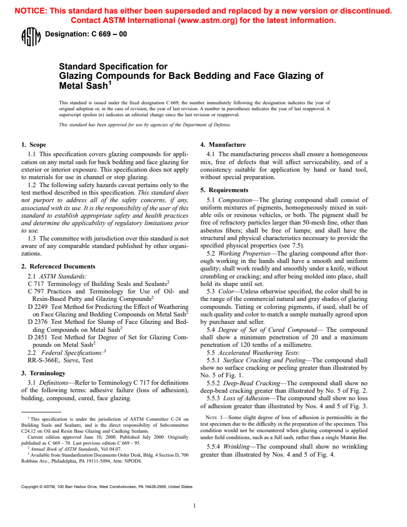 ASTM C669-00 - Standard Specification for Glazing Compounds for Back Bedding and Face Glazing of Metal Sash (Withdrawn 2002)