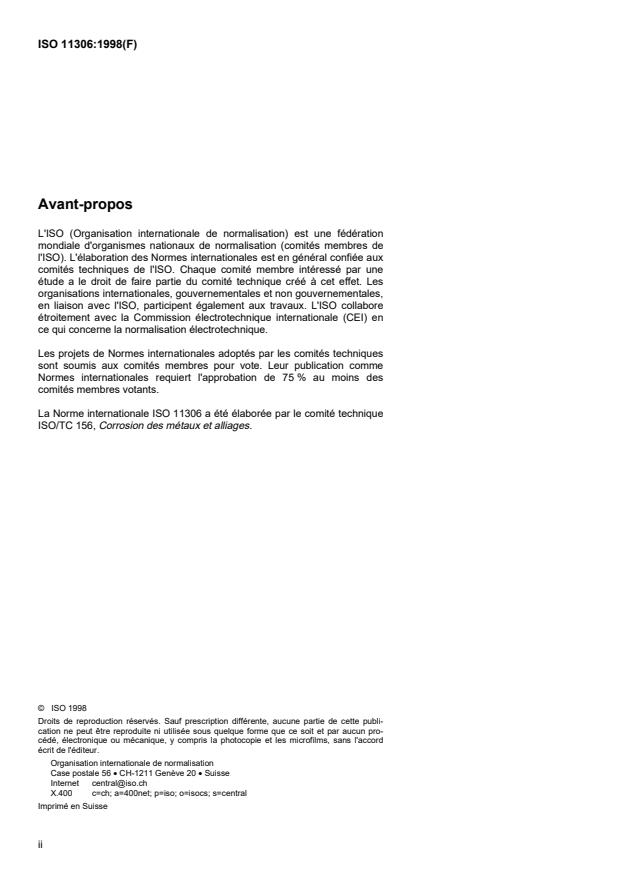 ISO 11306:1998 ISO 11306:1998 - Corrosion des métaux et alliages -- Lignes directrices pour l'exposition et l'évaluation des métaux et alliages a la surface de l'eau de mer - Page 2 preview