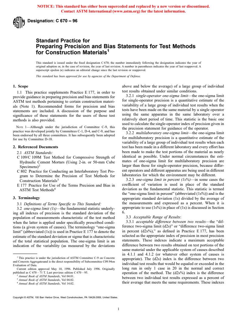 ASTM C670-96 - Standard Practice for Preparing Precision and Bias Statements for Test Methods for Construction Materials