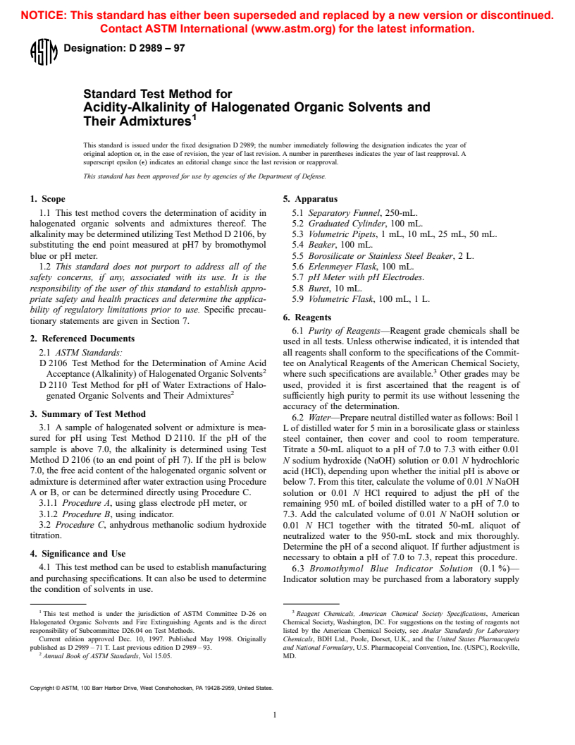 ASTM D2989-97 - Standard Test Method for Acidity-Alkalinity of Halogenated Organic Solvents and Their Admixtures