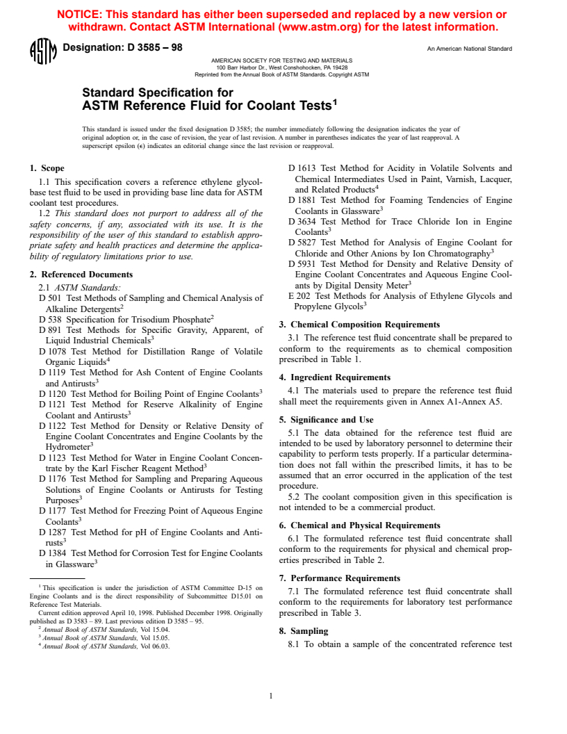 ASTM D3585-98 - Standard Specification for ASTM Reference Fluid for Coolant Tests