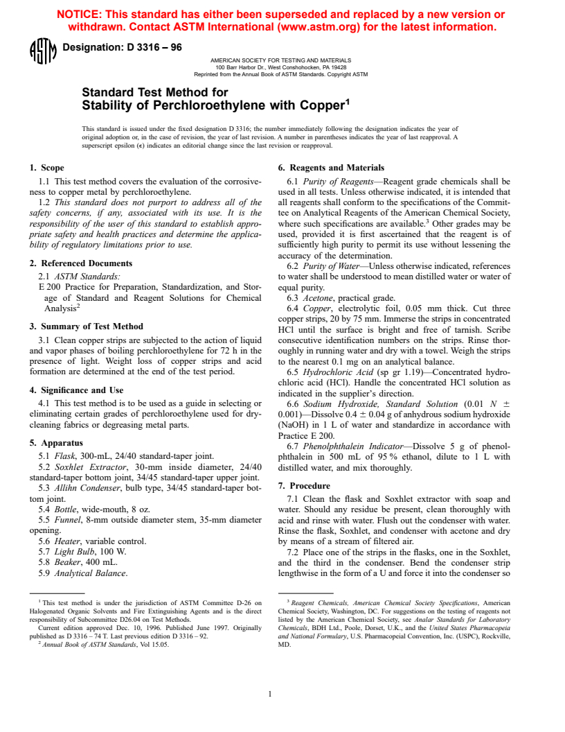 ASTM D3316-96 - Standard Test Method for Stability of Perchloroethylene with Copper