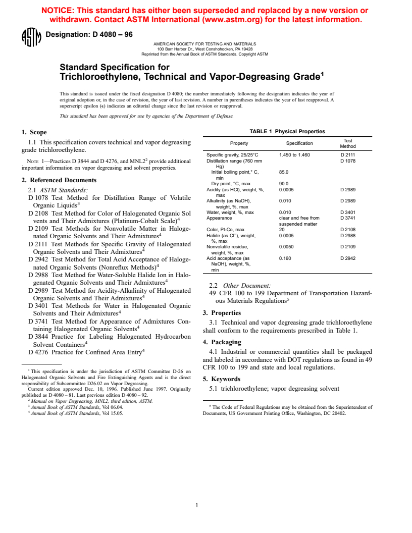 ASTM D4080-96 - Standard Specification for Trichloroethylene, Technical and Vapor-Degreasing Grade