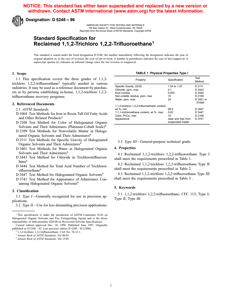 ASTM D5248-96 - Standard Specification for Reclaimed 1,1,2-Trichloro 1,2,2-Trifluoroethane