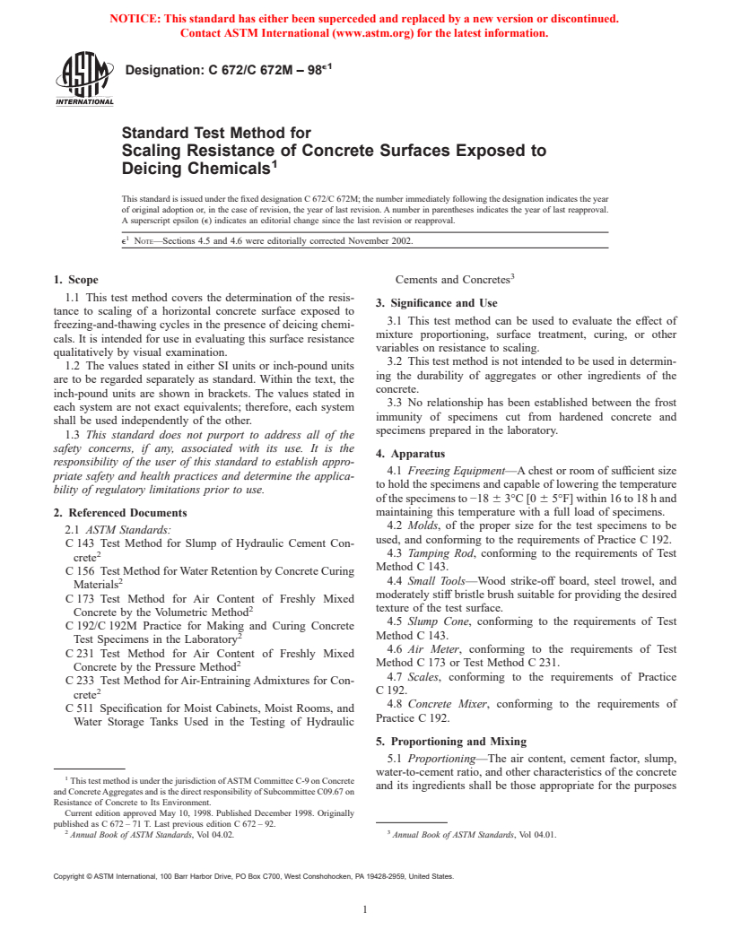 ASTM C672/C672M-98e1 - Standard Test Method for Scaling Resistance of Concrete Surfaces Exposed to Deicing Chemicals