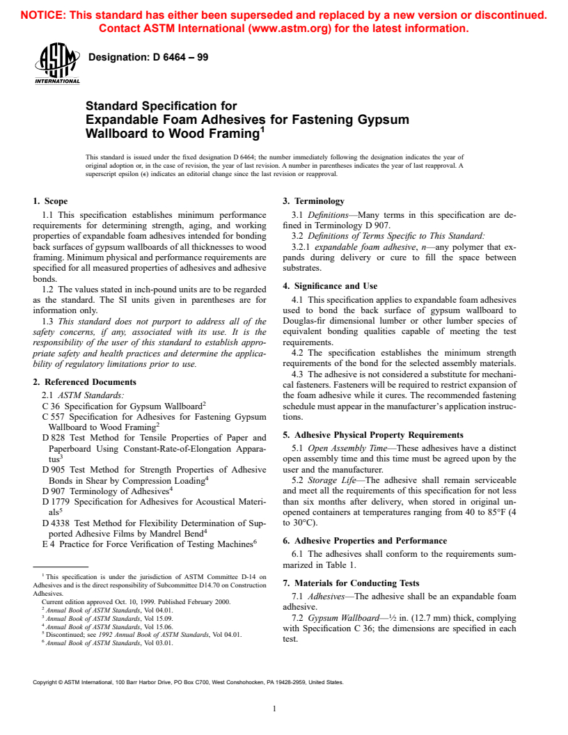 ASTM D6464-99 - Standard Specification for Expandable Foam Adhesives for Fastening Gypsum Wallboard to Wood Framing