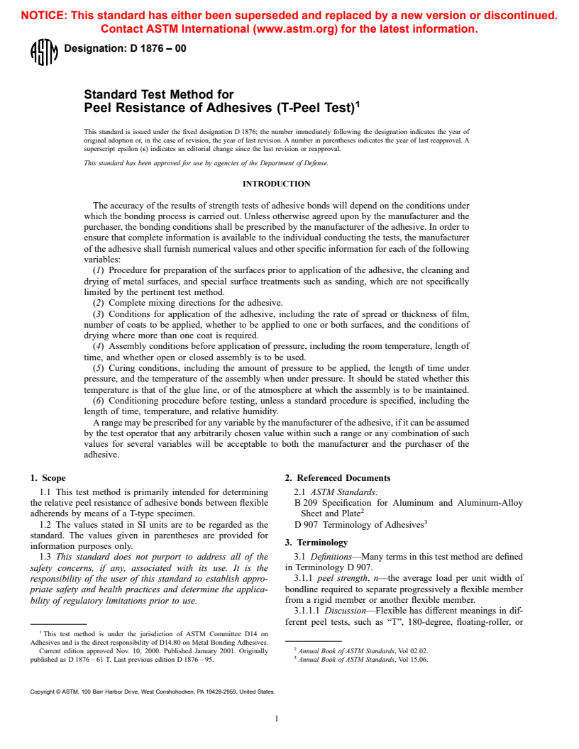 ASTM D1876-00 - Standard Test Method for Peel Resistance of Adhesives (T-Peel Test)