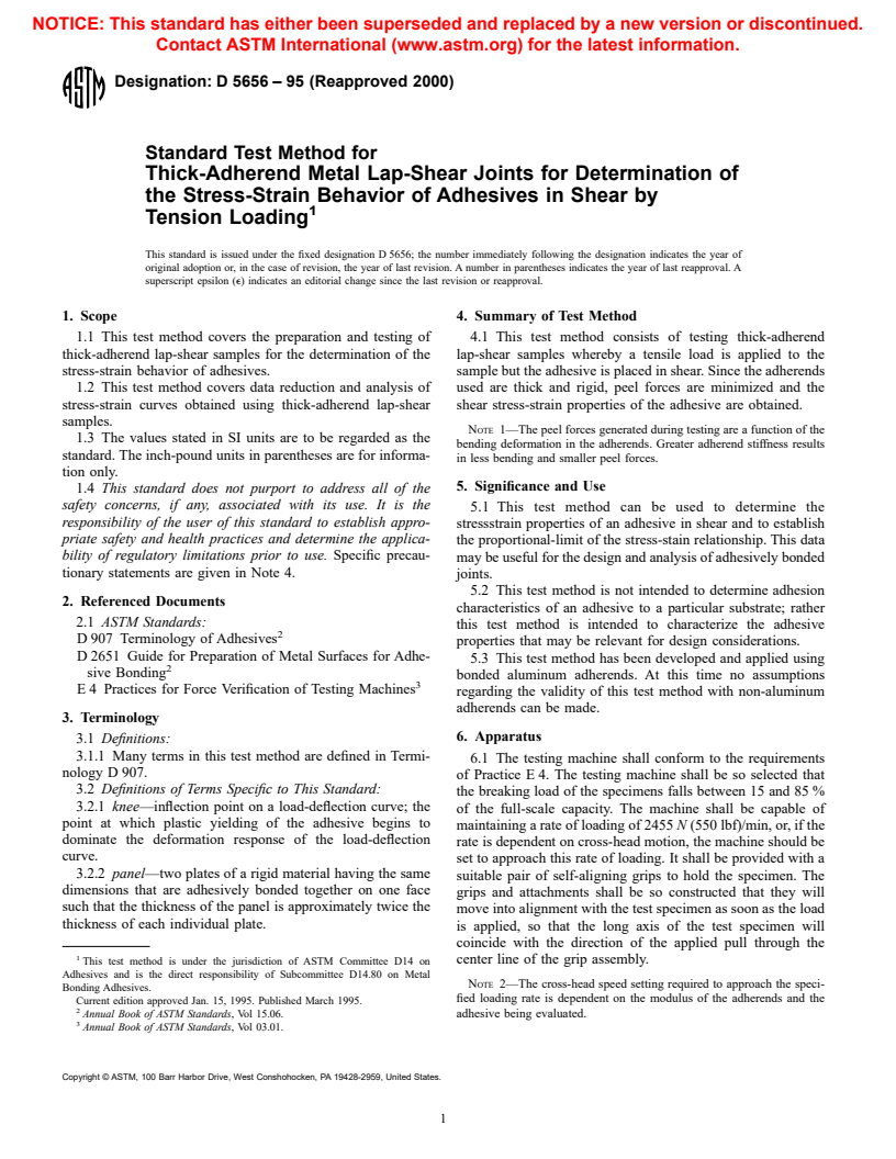 ASTM D5656-95(2000) - Standard Test Method for Thick-Adherend Metal Lap-Shear Joints for Determination of the Stress-Strain Behavior of Adhesives in Shear by Tension Loading