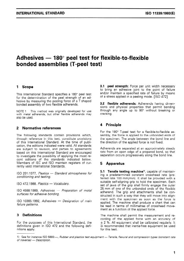 ISO 11339:1993 - Adhesives -- 180 degree peel test for flexible-to-flexible bonded assemblies (T-peel test)