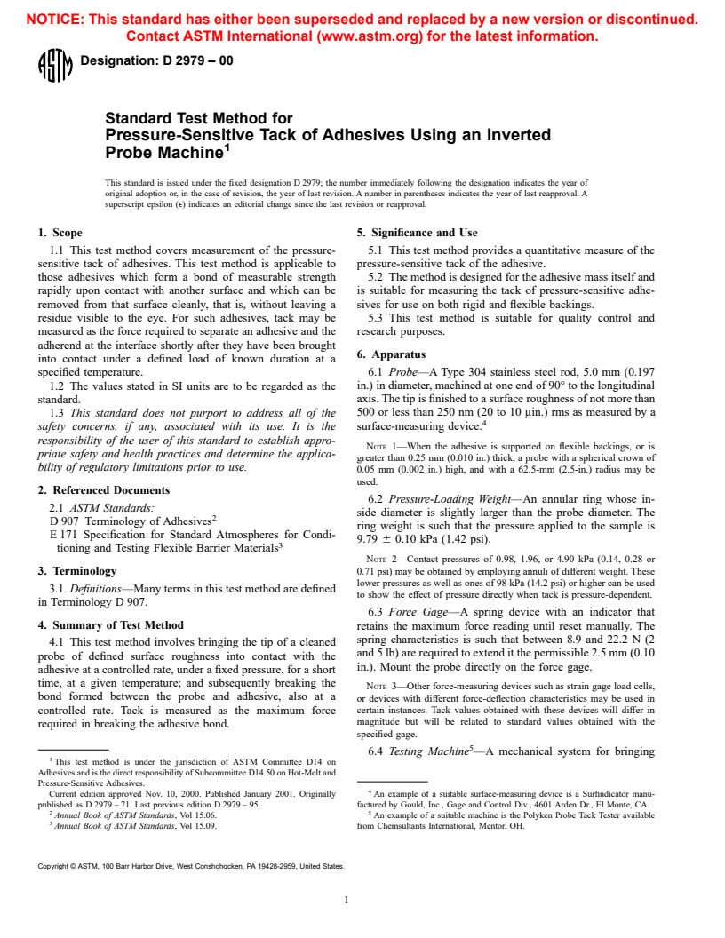 ASTM D2979-00 - Standard Test Method for Pressure-Sensitive Tack of Adhesives Using an Inverted Probe Machine