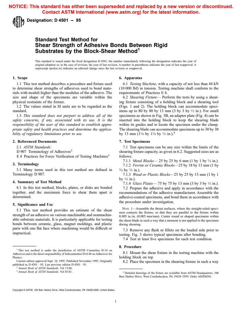 ASTM D4501-95 - Standard Test Method for Shear Strength of Adhesive Bonds Between Rigid Substrates by the Block-Shear Method