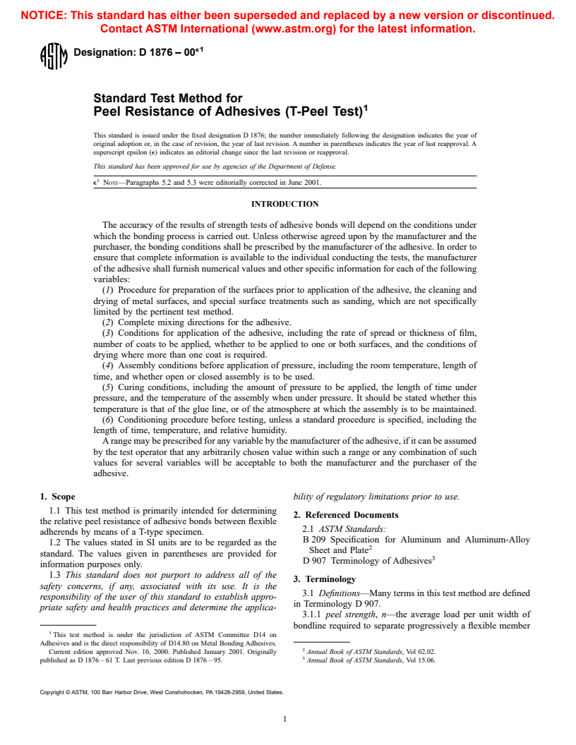 ASTM D1876-00e1 - Standard Test Method for Peel Resistance of Adhesives (T-Peel Test)