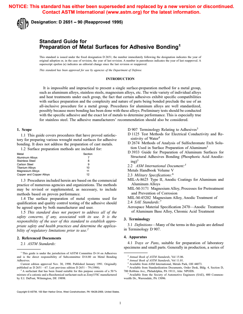 ASTM D2651-90(1995) - Standard Guide for Preparation of Metal Surfaces for Adhesive Bonding