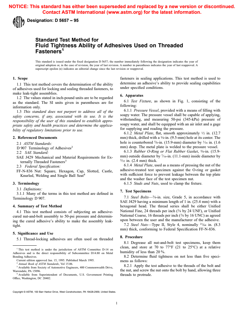 ASTM D5657-95 - Standard Test Method for Fluid Tightness Ability of Adhesives Used on Threaded Fasteners