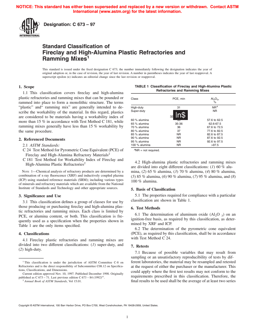 ASTM C673-97 - Standard Classification of Fireclay and High-Alumina Plastic Refractories and Ramming Mixes