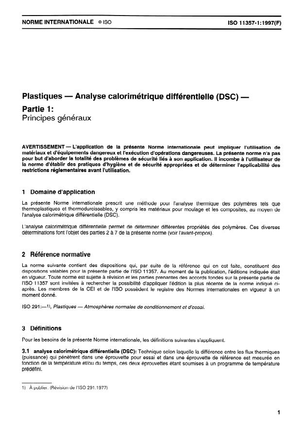 ISO 11357-1:1997 - Plastiques -- Analyse calorimétrique différentielle (DSC)