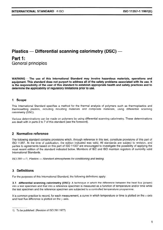 ISO 11357-1:1997 - Plastics -- Differential scanning calorimetry (DSC)