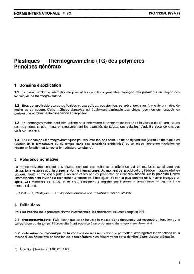 ISO 11358:1997 - Plastiques -- Thermogravimétrie (TG) des polymeres -- Principes généraux