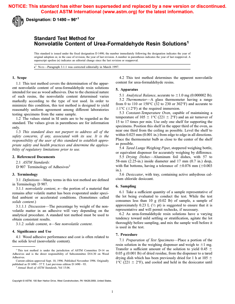 ASTM D1490-96e1 - Standard Test Method for Nonvolatile Content of Urea-Formaldehyde Resin Solutions