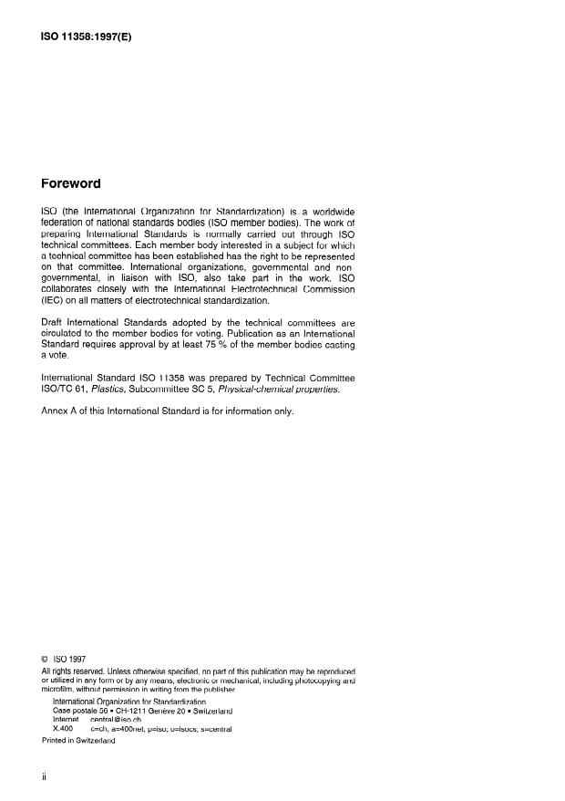 ISO 11358:1997 ISO 11358:1997 - Plastics -- Thermogravimetry (TG) of polymers -- General principles - Page 2 preview