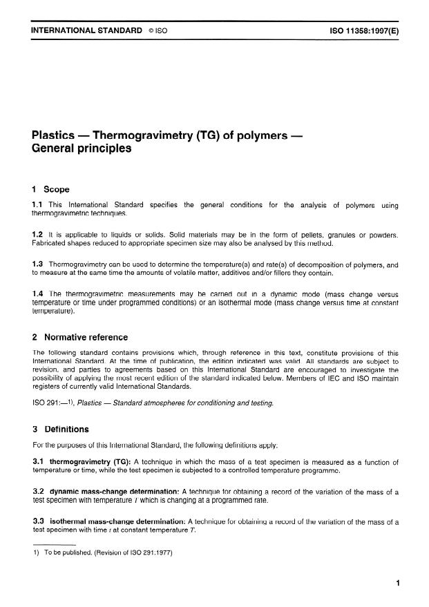 ISO 11358:1997 - Plastics -- Thermogravimetry (TG) of polymers -- General principles