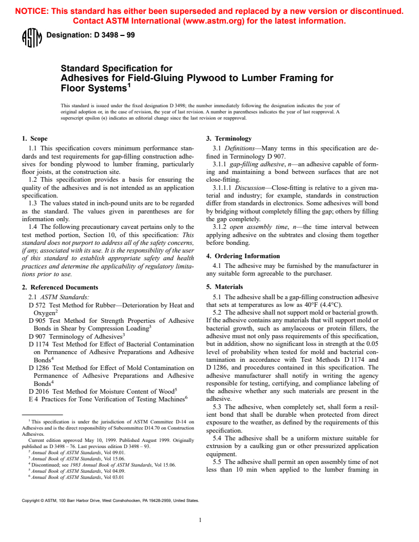 ASTM D3498-99 - Standard Specification for Adhesives for Field-Gluing Plywood to Lumber Framing for Floor Systems