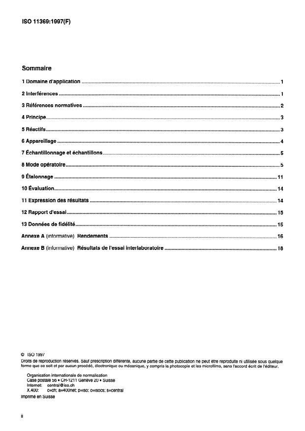 ISO 11369:1997 ISO 11369:1997 - Qualité de l'eau -- Dosage de certains agents de traitement des plantes -- Méthode par chromatographie en phase liquide a haute performance (CLHP) avec détection UV apres extraction solide-liquide - Page 2 preview
