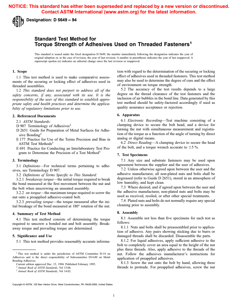 ASTM D5649-94 - Standard Test Method for Torque Strength of Adhesives Used on Threaded Fasteners