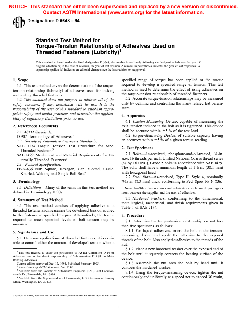 ASTM D5648-94 - Standard Test Method for Torque-Tension Relationship of Adhesives Used on Threaded Fasteners (Lubricity)