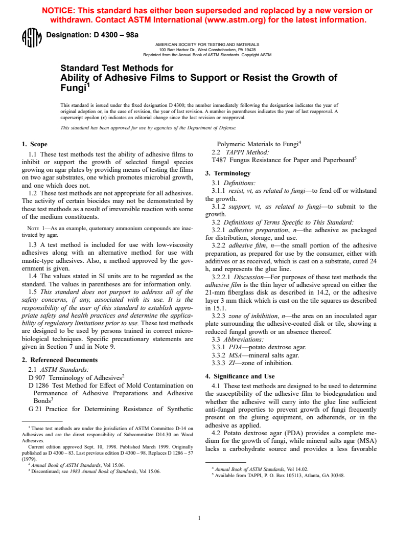 ASTM D4300-98a - Standard Test Methods for Ability of Adhesive Films to Support or Resist the Growth of Fungi