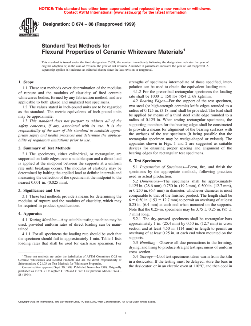 ASTM C674-88(1999) - Standard Test Methods for Flexural Properties of Ceramic Whiteware Materials