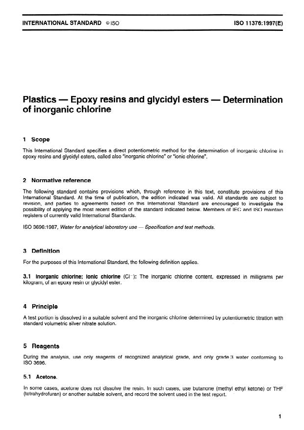 ISO 11376:1997 - Plastics -- Epoxy resins and glycidyl esters -- Determination of inorganic chlorine