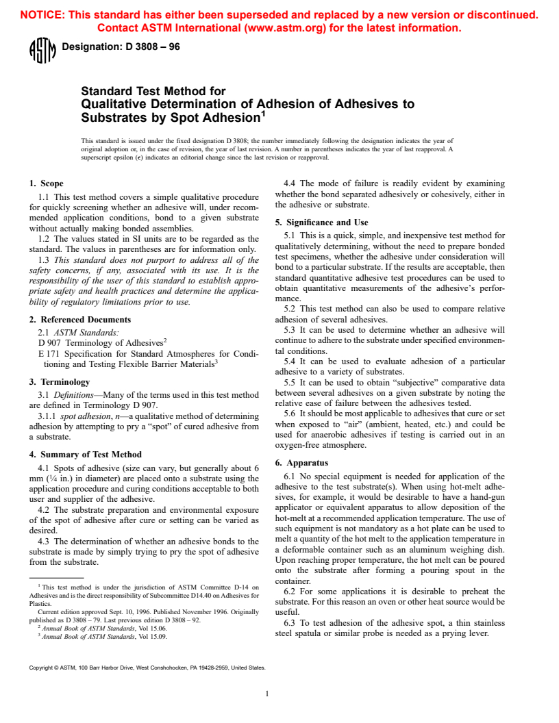 ASTM D3808-96 - Standard Test Method for Qualitative Determination of Adhesion of Adhesives to Substrates by Spot Adhesion