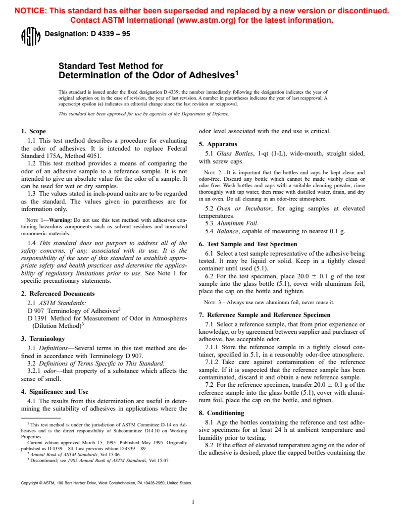 ASTM D4339-95 - Standard Test Method for Determination of the Odor of Adhesives