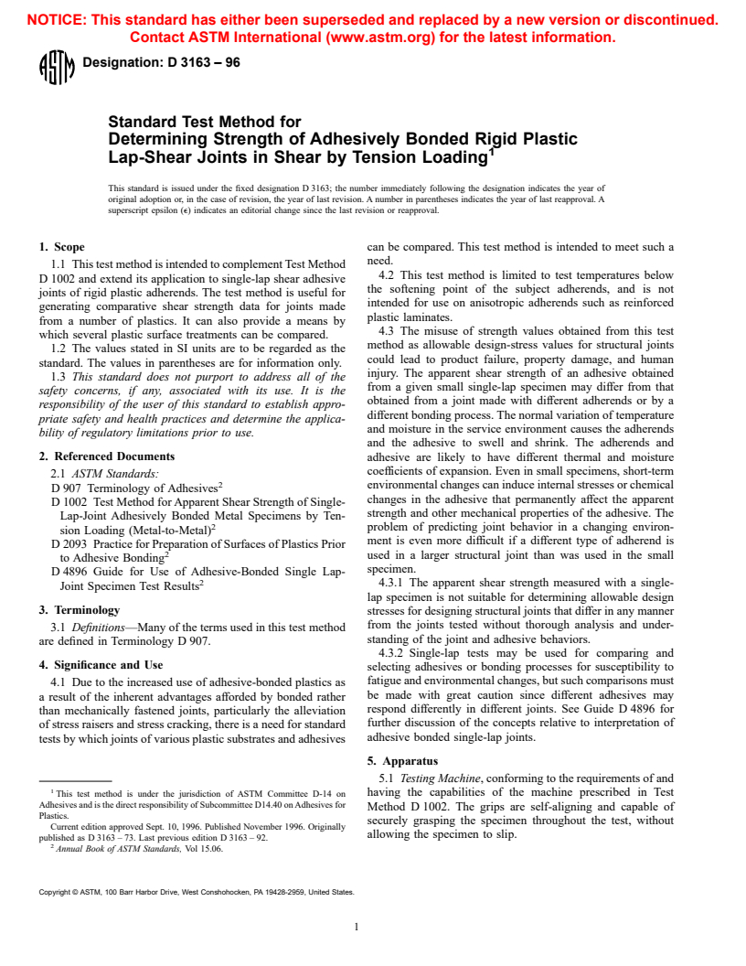 ASTM D3163-96 - Standard Test Method for Determining Strength of Adhesively Bonded Rigid Plastic Lap-Shear Joints in Shear by Tension Loading