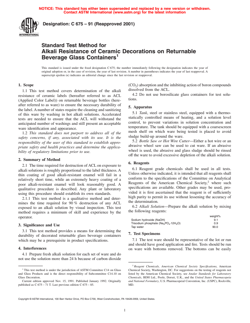 ASTM C675-91(2001) - Standard Test Method for Alkali Resistance of Ceramic Decorations on Returnable Beverage Glass Containers