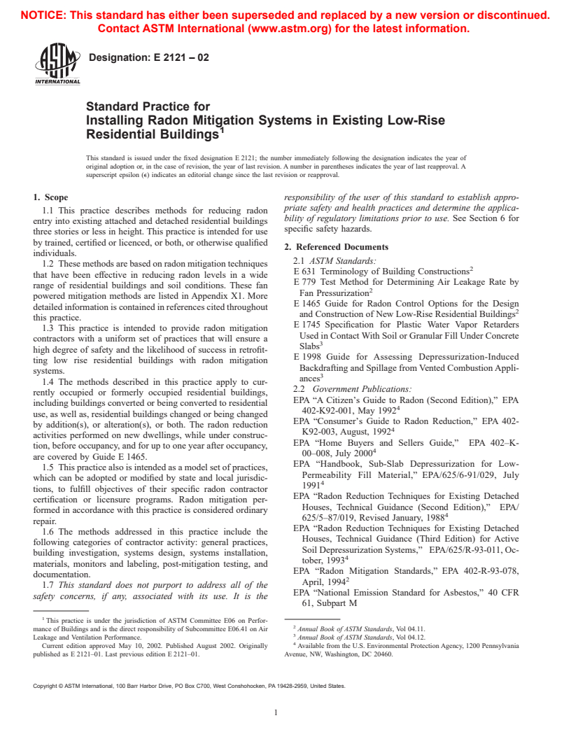 ASTM E2121-02 - Standard Practice for Installing Radon Mitigation Systems in Existing Low-Rise Residential Buildings