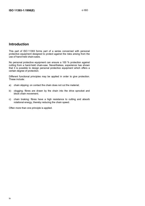 ISO 11393-1:1998 ISO 11393-1:1998 - Protective clothing for users of hand-held chain-saws - Page 4 preview