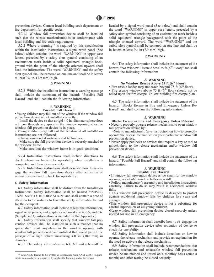 ASTM F2090-01 - Specification for Window Fall Prevention Devices With Emergency Escape (Egress) Release Mechanisms