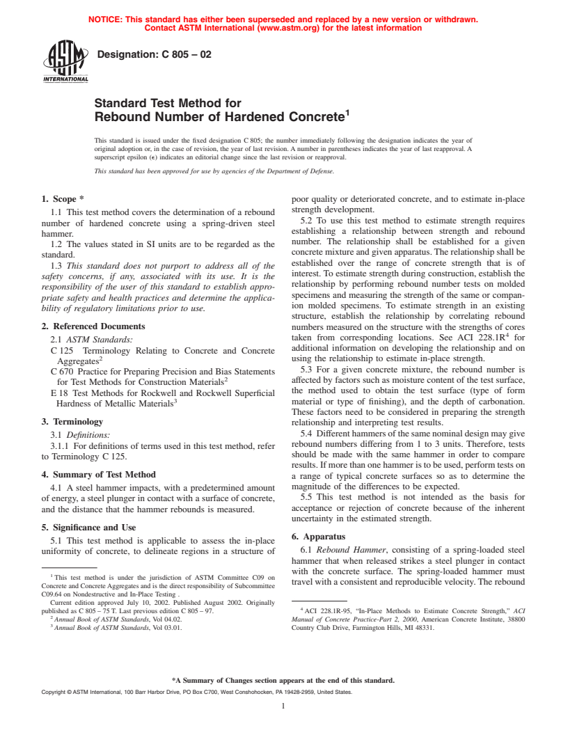 ASTM C805-02 - Standard Test Method for Rebound Number of Hardened Concrete