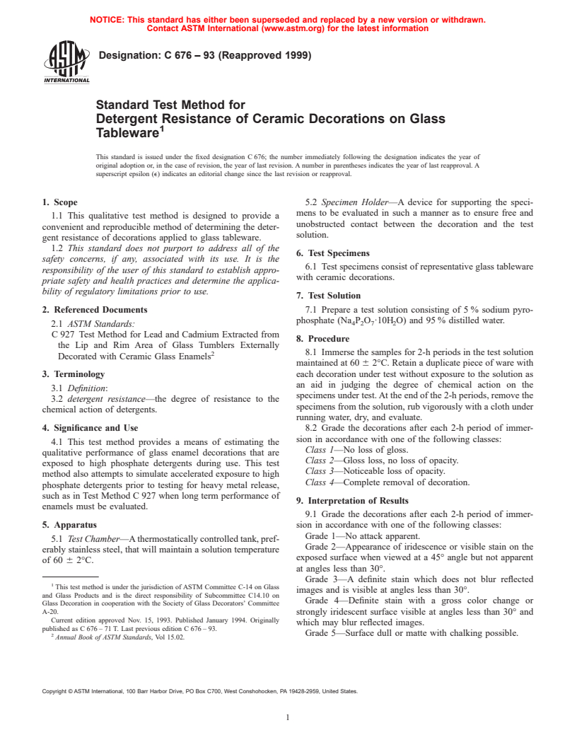 ASTM C676-93(1999) - Standard Test Method for Detergent Resistance of Ceramic Decorations on Glass Tableware