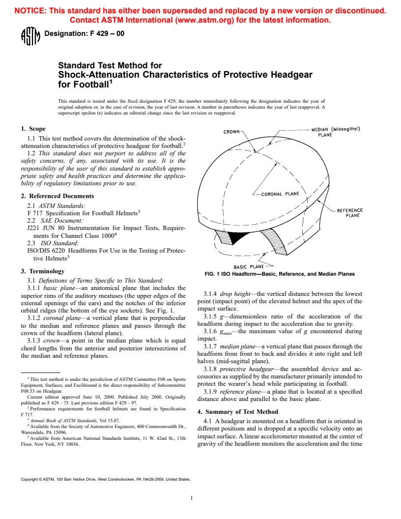 ASTM F429-00 - Standard Test Method for Shock-Attenuation Characteristics of Protective Headgear for Football