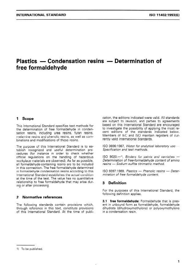 ISO 11402:1993 - Plastics -- Condensation resins -- Determination of free formaldehyde