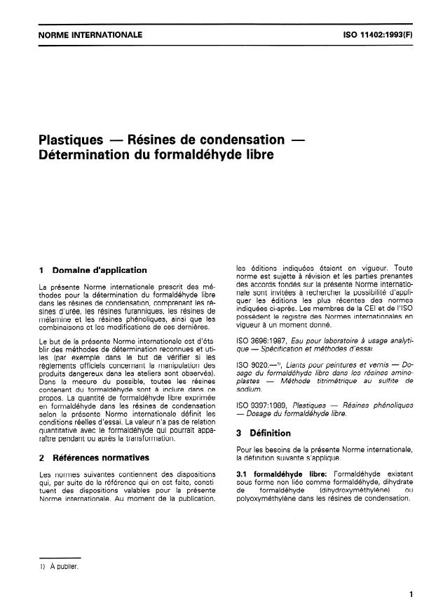 ISO 11402:1993 - Plastiques -- Résines de condensation -- Détermination du formaldéhyde libre
