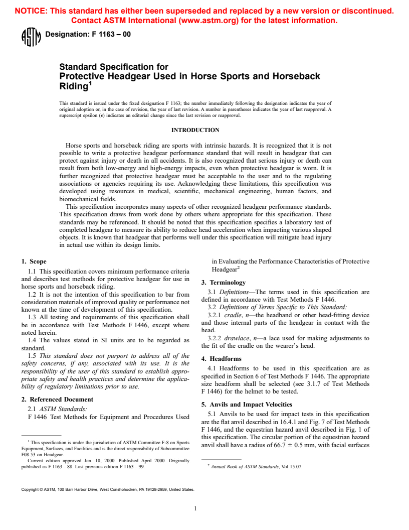 ASTM F1163-00 - Standard Specification for Protective Headgear Used in Horse Sports and Horseback Riding