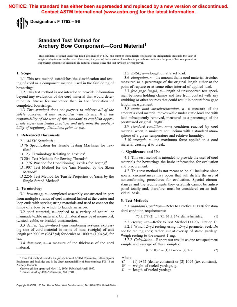 ASTM F1752-96 - Standard Test Method for Archery Bow Component&#8212;Cord Material