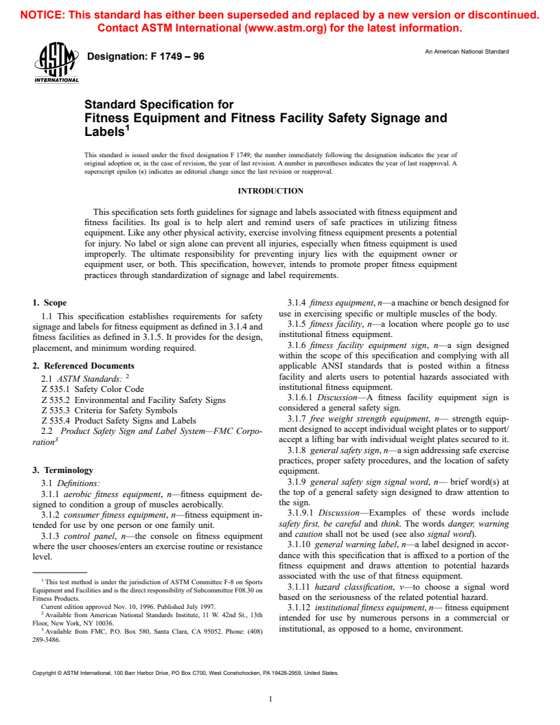 ASTM F1749-96 - Standard Specification for Fitness Equipment and Fitness Facility Safety Signage and Labels